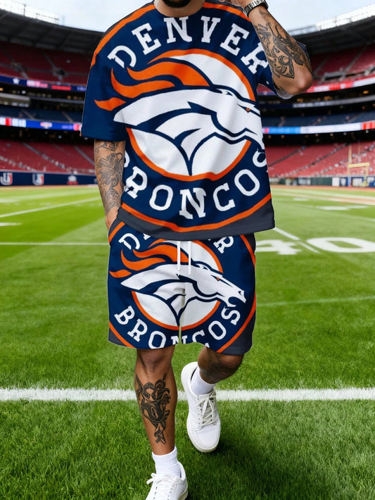 Plus Size Men's T-Shirt And Shorts Set, A Two-Piece Outfit For Men With Denver Broncos Horse Logo Print, American Retro Style, Youth, Over