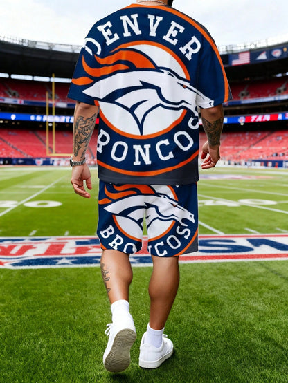 Plus Size Men's T-Shirt And Shorts Set, A Two-Piece Outfit For Men With Denver Broncos Horse Logo Print, American Retro Style, Youth, Over