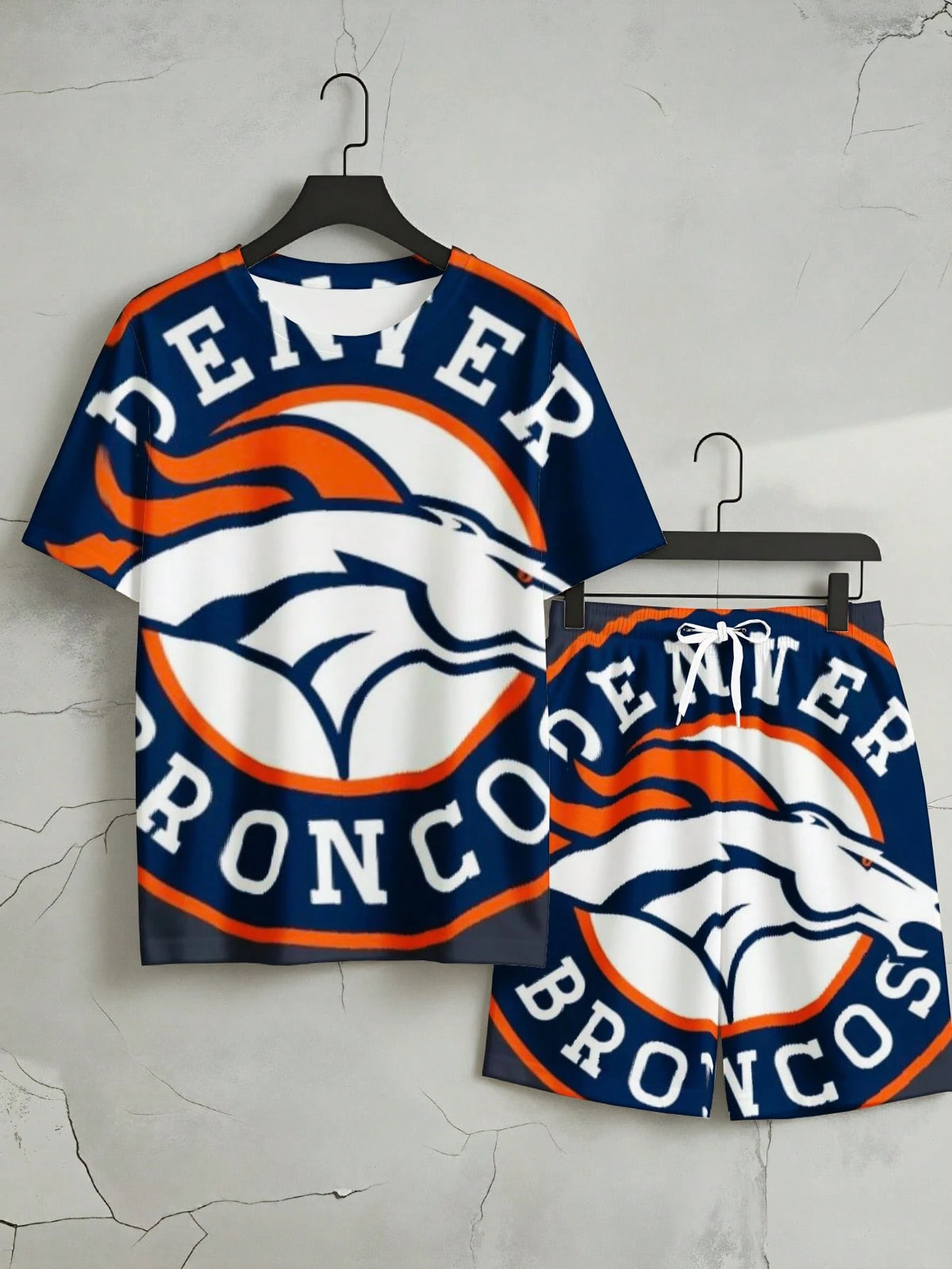 Plus Size Men's T-Shirt And Shorts Set, A Two-Piece Outfit For Men With Denver Broncos Horse Logo Print, American Retro Style, Youth, Over