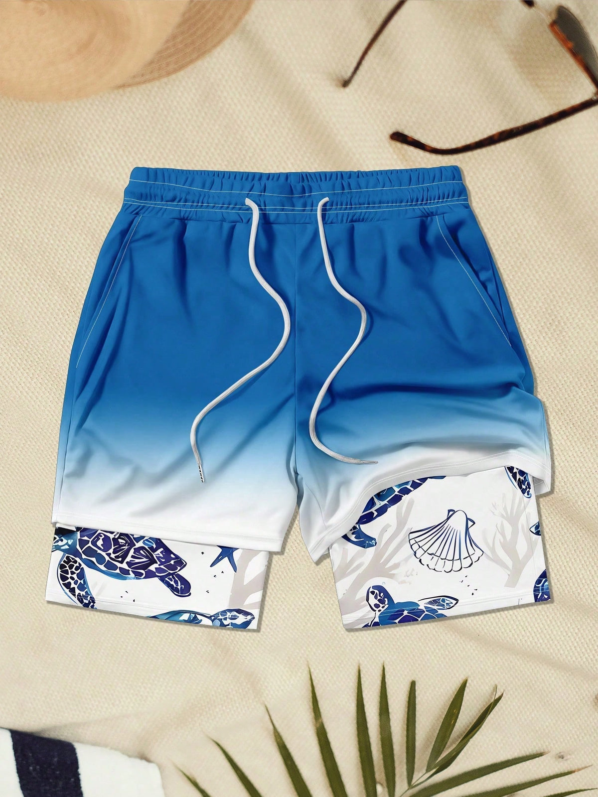 Plus Size Men's Turtle Pattern Printed Double Layered Beach Shorts, Hawaiian