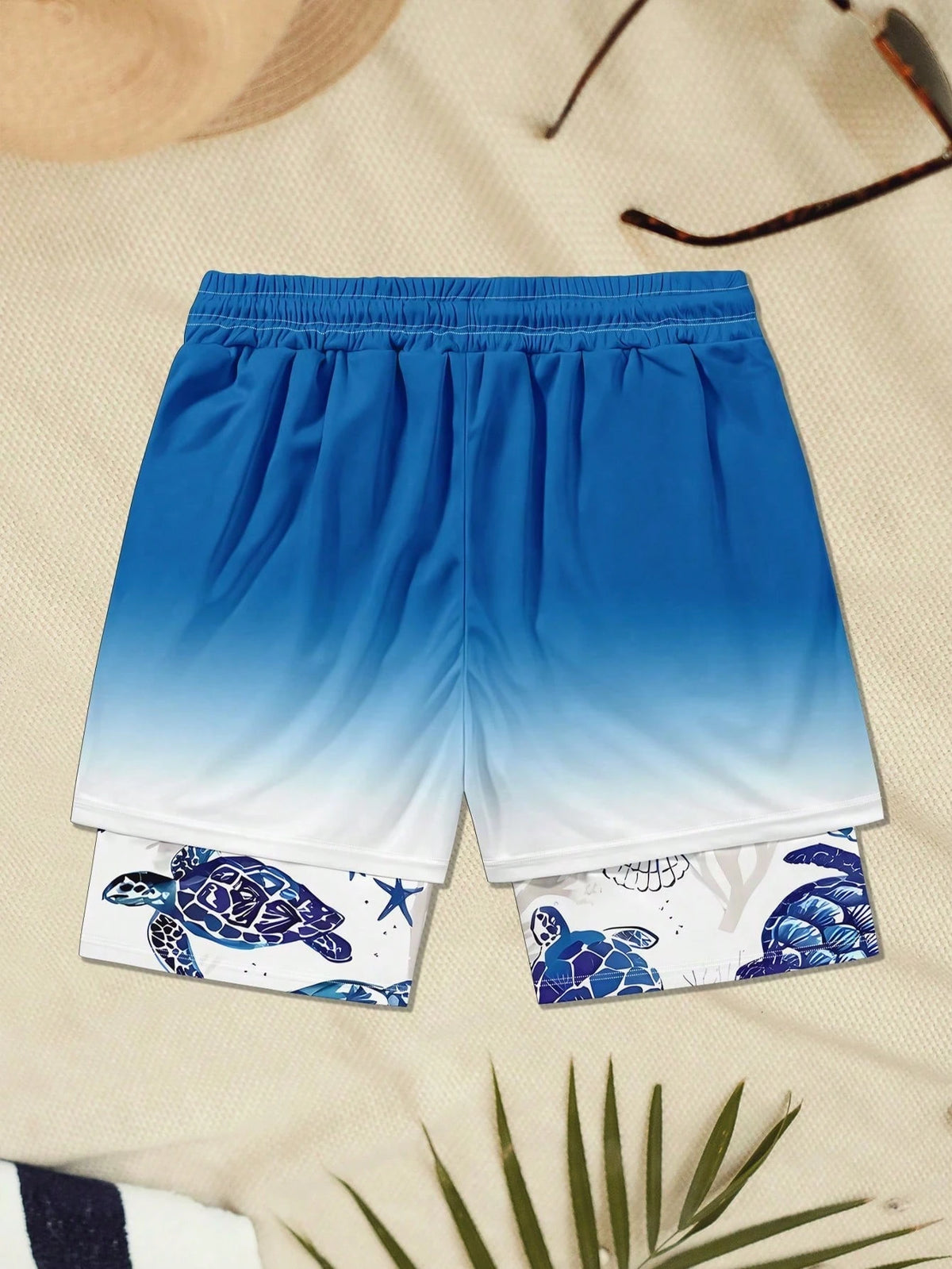 Plus Size Men's Turtle Pattern Printed Double Layered Beach Shorts, Hawaiian