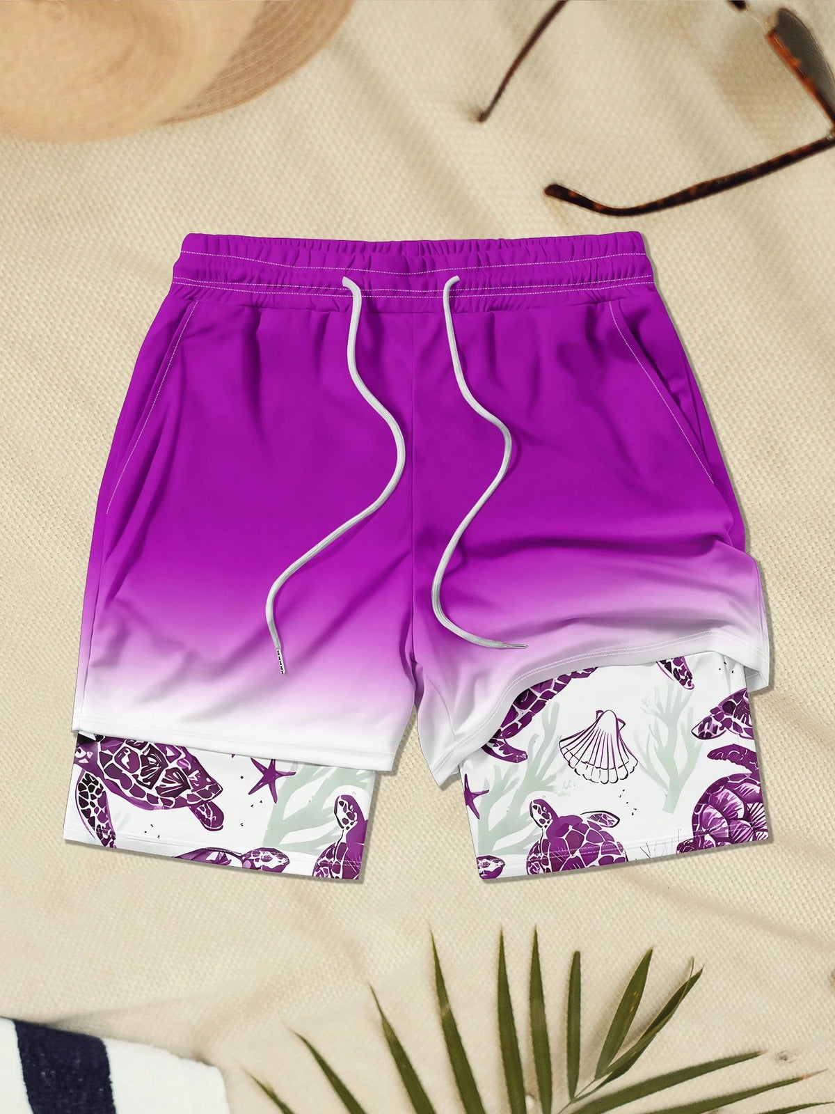 Plus Size Men's Turtle Pattern Printed Double Layered Beach Shorts, Hawaiian
