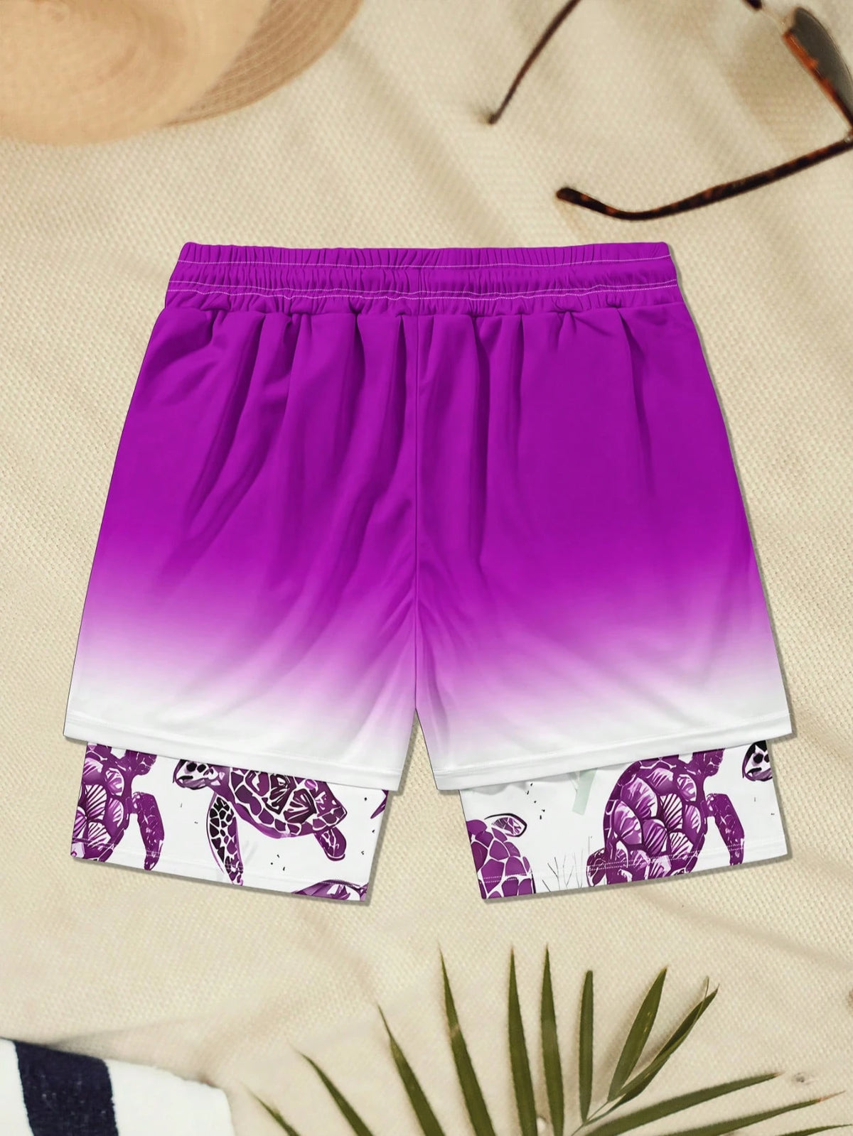 Plus Size Men's Turtle Pattern Printed Double Layered Beach Shorts, Hawaiian