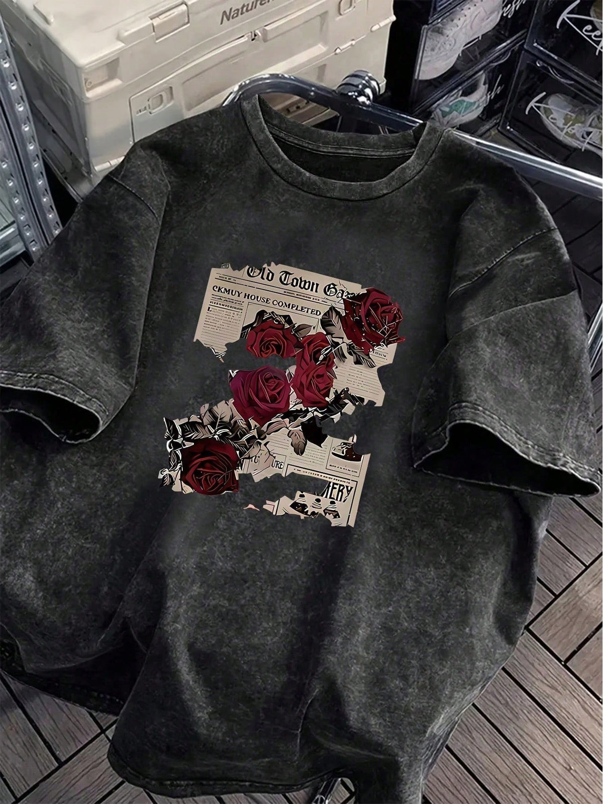 Plus Size Women's Cotton Summer T-Shirt: Fun "Rose Newspaper" Street Style Print- Vintage Style, Versatile, Y2K Style Daily Wear- Black Casual