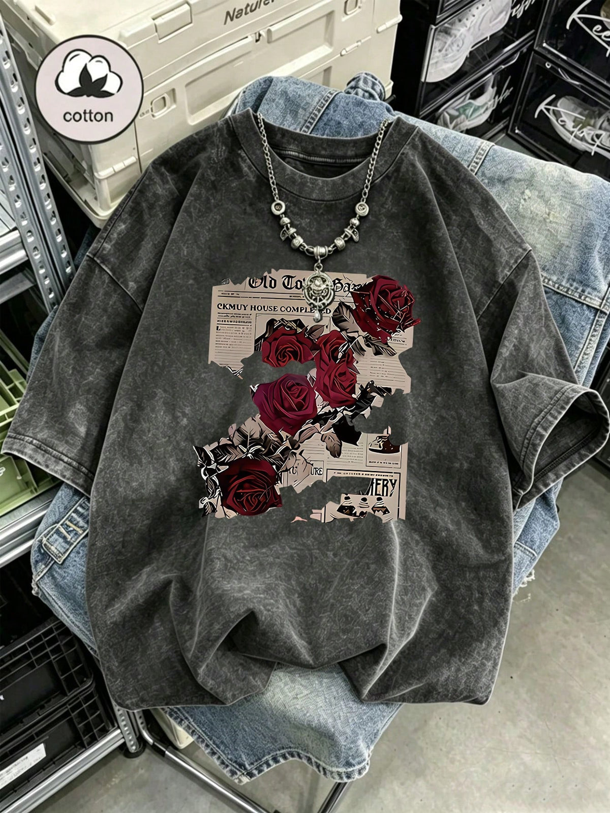 Plus Size Women's Cotton Summer T-Shirt: Fun "Rose Newspaper" Street Style Print- Vintage Style, Versatile, Y2K Style Daily Wear- Black Casual