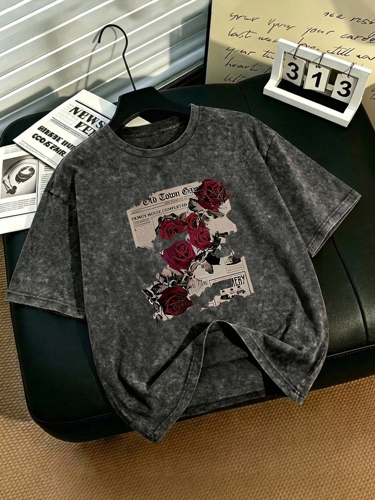 Plus Size Women's Cotton Summer T-Shirt: Fun "Rose Newspaper" Street Style Print- Vintage Style, Versatile, Y2K Style Daily Wear- Black Casual