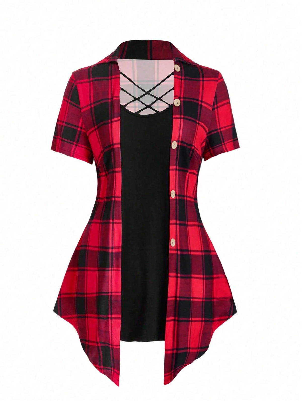 Plus Size Women's Plaid Printed Criss-Cross Neck Long T-Shirt For Summer Graphic Tees Women Tops