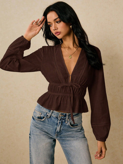 Poéselle Women's Casual Commuter Simple Solid V-Neck Lantern Sleeve Knot Front Cropped Top, Spring/Autumn