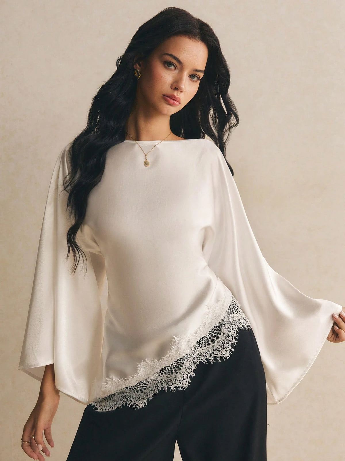 Poéselle Women's Elegant Commuter Date Night Solid Color Bell Sleeve Lace Patchwork Asymmetric Hem Blouse Cream White Autumn