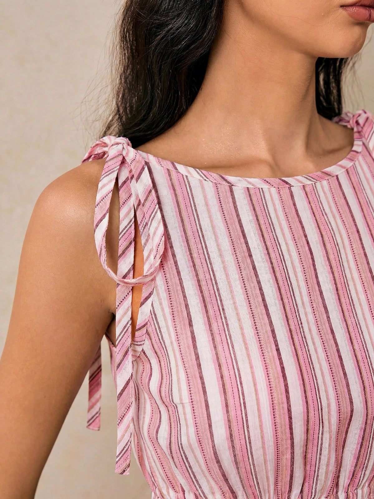 Poéselle Women's Pink And White Striped Round Neck Bow Shoulder Strap Decor Waist Cinched Shirred Design Sleeveless Tank Top Vacation Summer Cute