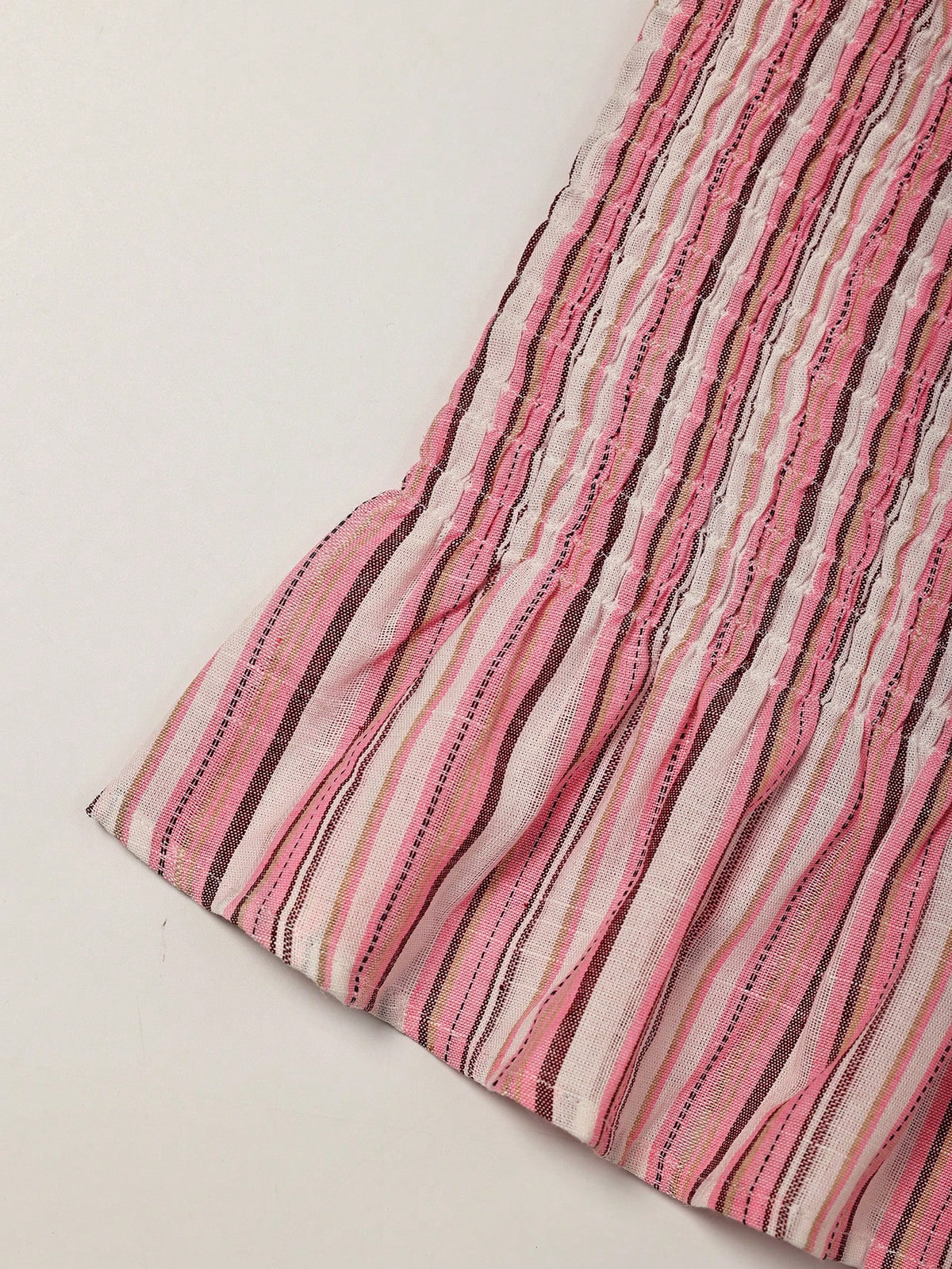 Poéselle Women's Pink And White Striped Round Neck Bow Shoulder Strap Decor Waist Cinched Shirred Design Sleeveless Tank Top Vacation Summer Cute