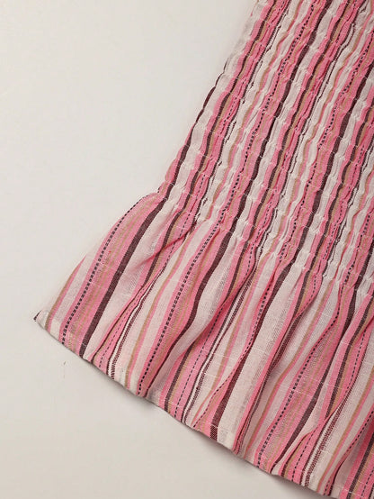 Poéselle Women's Pink And White Striped Round Neck Bow Shoulder Strap Decor Waist Cinched Shirred Design Sleeveless Tank Top Vacation Summer Cute