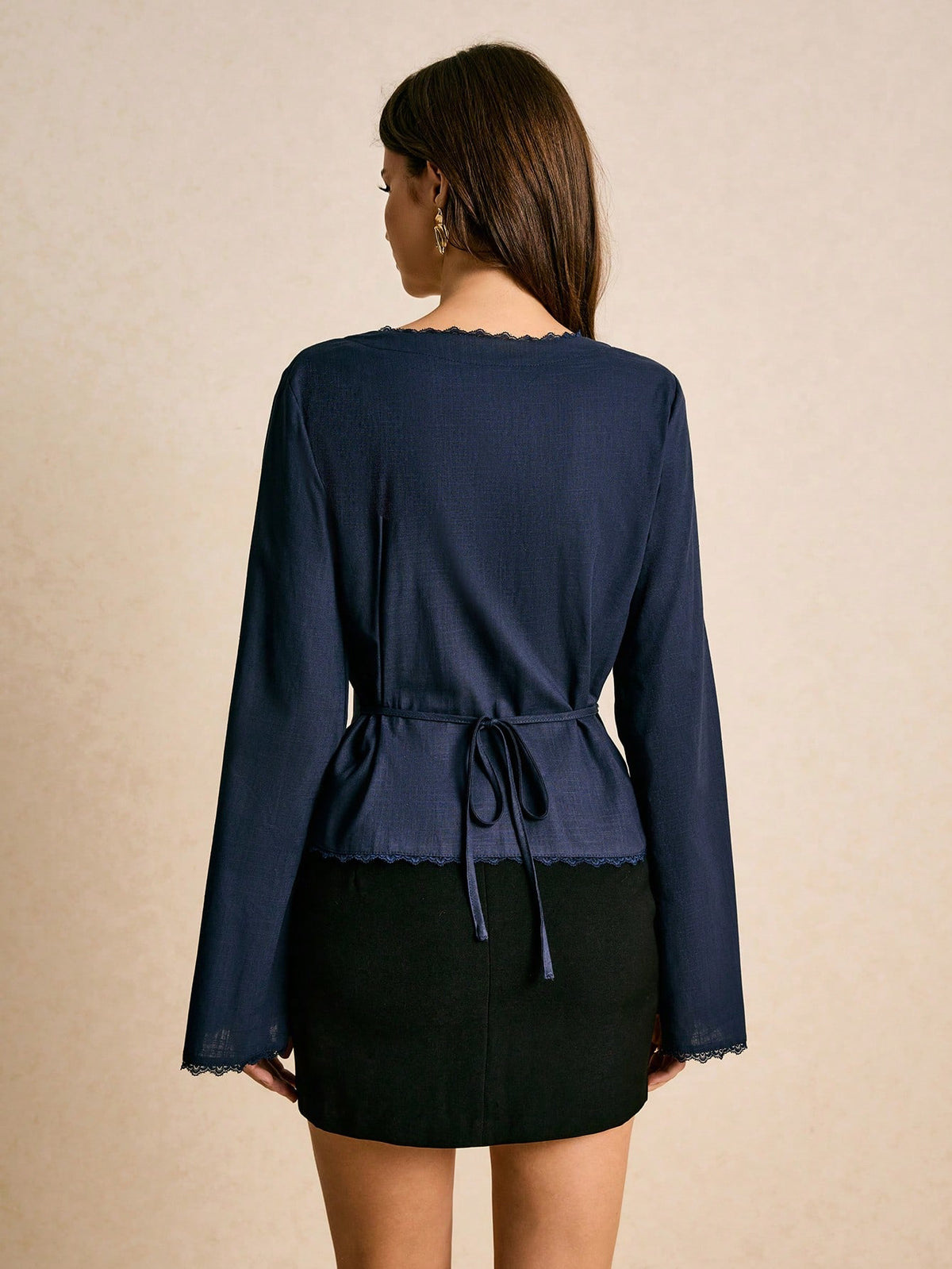 Poéselle Women's Solid Color V-Neck Flared Sleeve Elegant Fashion Blouse Shirt