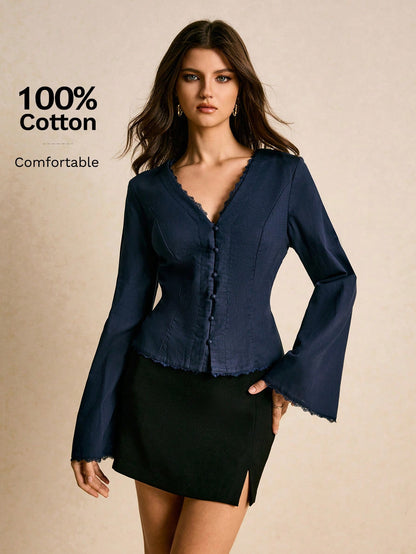Poéselle Women's Solid Color V-Neck Flared Sleeve Elegant Fashion Blouse Shirt
