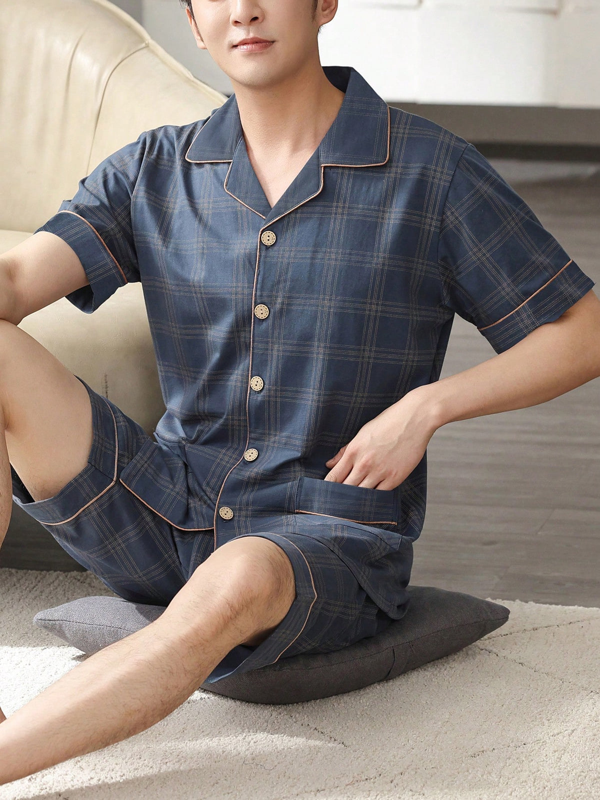 [PONX]2pcs/Set Men Summer Sleepwear Lightweight Short Sleeve Cardigan Top And Shorts, Breathable Moisture-Wicking Pajama Set