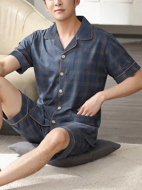 [PONX]2pcs/Set Men Summer Sleepwear Lightweight Short Sleeve Cardigan Top And Shorts, Breathable Moisture-Wicking Pajama Set