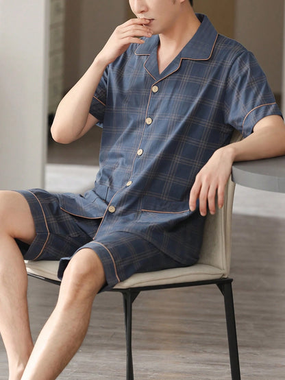 [PONX]2pcs/Set Men Summer Sleepwear Lightweight Short Sleeve Cardigan Top And Shorts, Breathable Moisture-Wicking Pajama Set