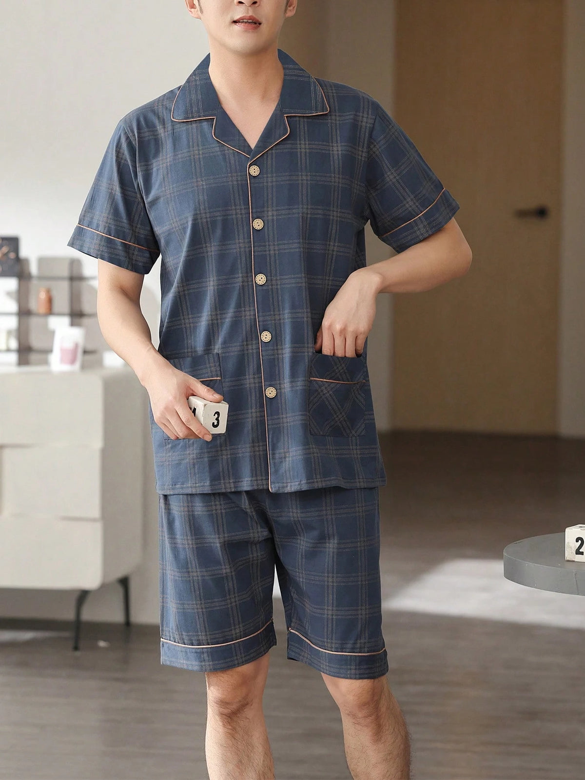 [PONX]2pcs/Set Men Summer Sleepwear Lightweight Short Sleeve Cardigan Top And Shorts, Breathable Moisture-Wicking Pajama Set