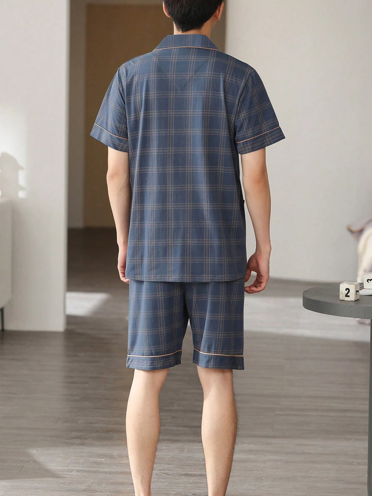 [PONX]2pcs/Set Men Summer Sleepwear Lightweight Short Sleeve Cardigan Top And Shorts, Breathable Moisture-Wicking Pajama Set