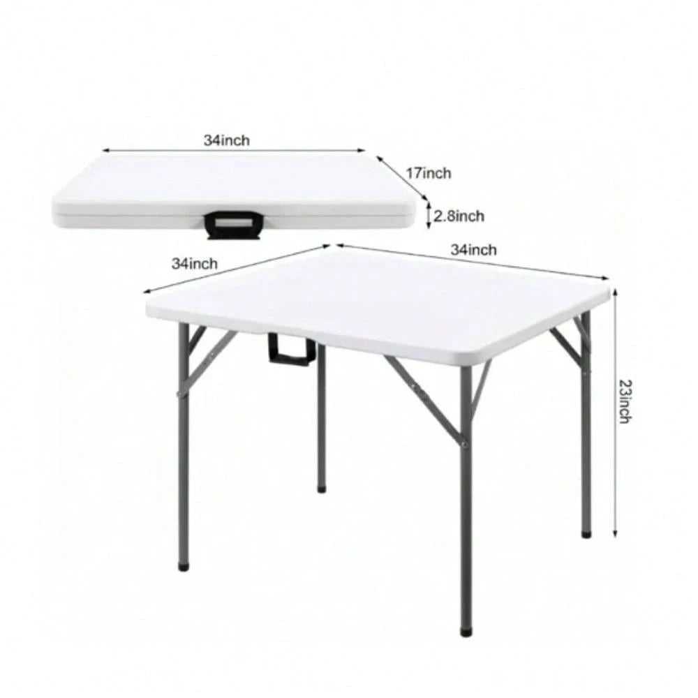 Portable 34" Square Folding Table – Heavy Duty HDPE Card & Dining Table, Fold-In-Half Design With Carry Handle, Perfect For Picnics, Camping, Parties