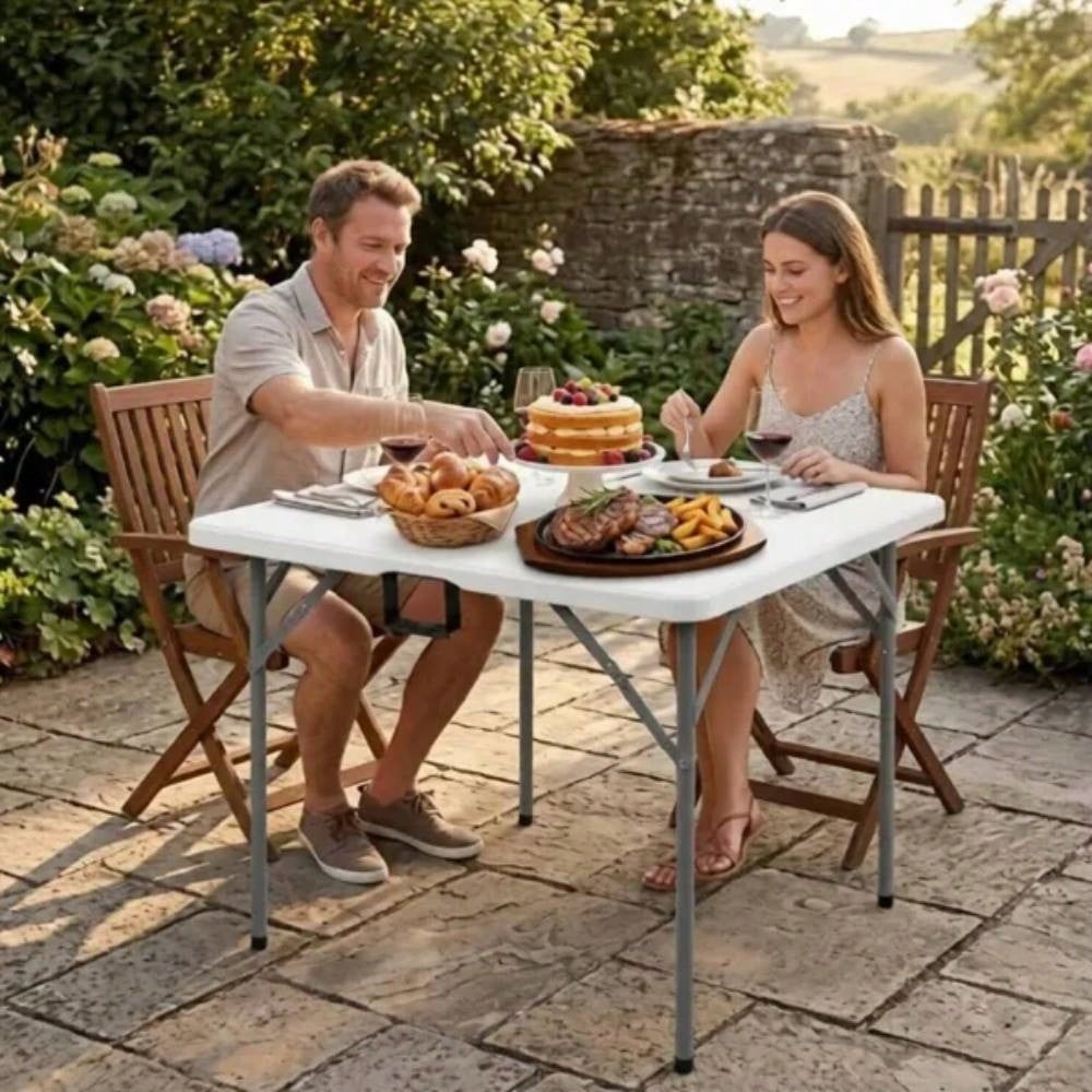 Portable 34" Square Folding Table – Heavy Duty HDPE Card & Dining Table, Fold-In-Half Design With Carry Handle, Perfect For Picnics, Camping, Parties