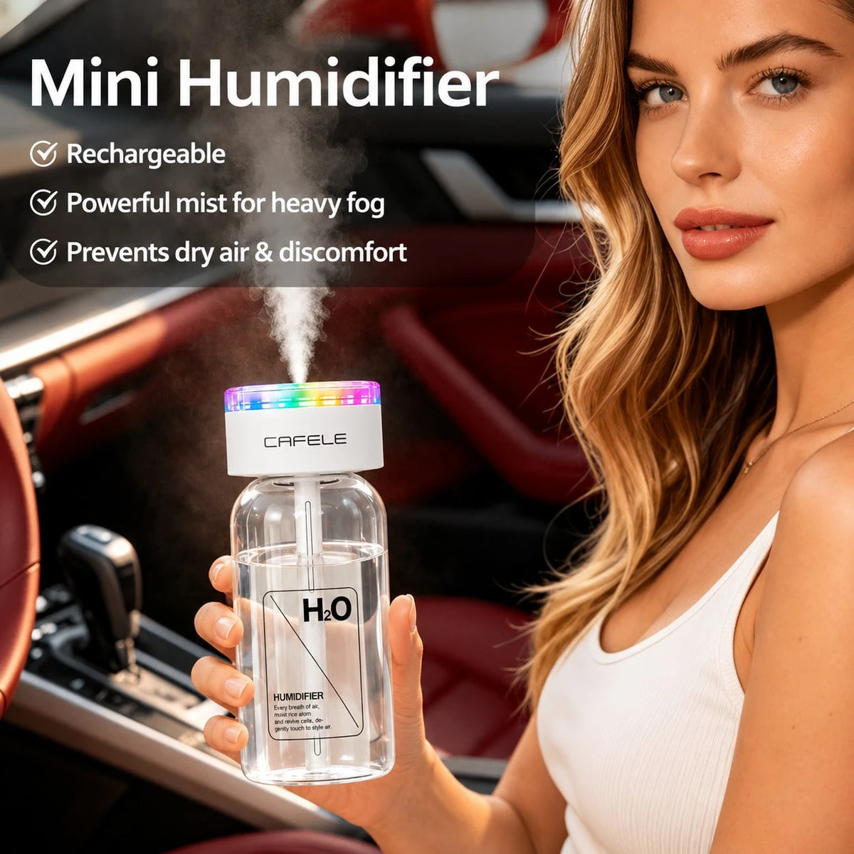Portable Atomizing Humidifier, USB Powered Essential Oil Diffuser With Colored LED Light, Three Spray Modes, Silent Atomizer, Compact Cup Holder Design Suitable For Car, Office And Home Use.