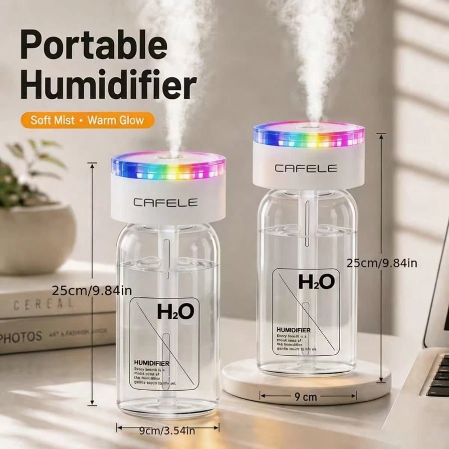 Portable Atomizing Humidifier, USB Powered Essential Oil Diffuser With Colored LED Light, Three Spray Modes, Silent Atomizer, Compact Cup Holder Design Suitable For Car, Office And Home Use.