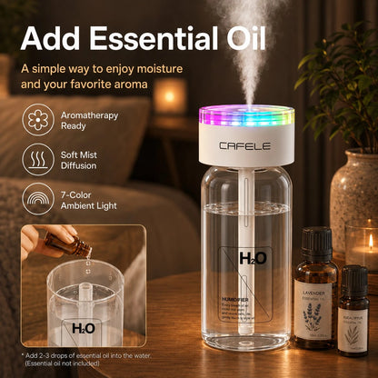 Portable Atomizing Humidifier, USB Powered Essential Oil Diffuser With Colored LED Light, Three Spray Modes, Silent Atomizer, Compact Cup Holder Design Suitable For Car, Office And Home Use.