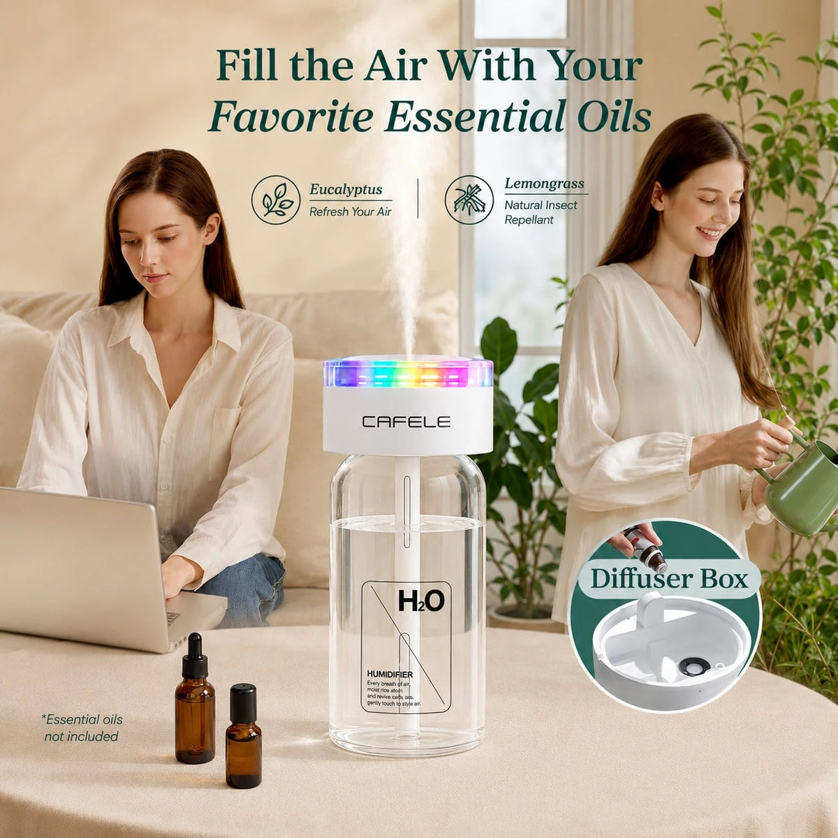Portable Atomizing Humidifier, USB Powered Essential Oil Diffuser With Colored LED Light, Three Spray Modes, Silent Atomizer, Compact Cup Holder Design Suitable For Car, Office And Home Use.