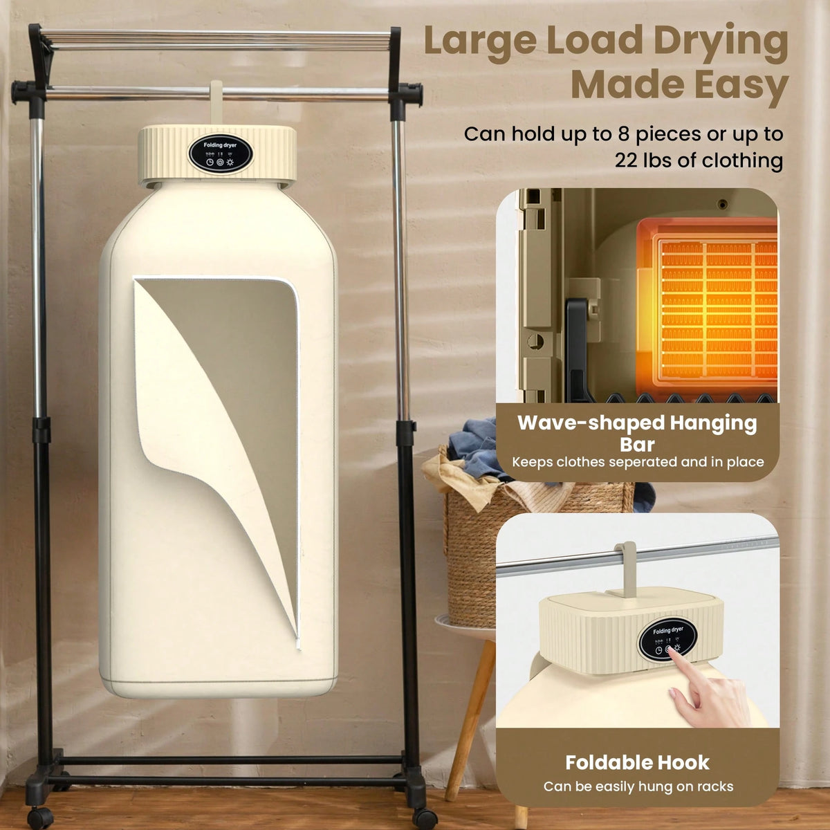 Portable Clothes Dryer, Mini Dryers For Laundry, Small Foldable Electric Compact Drying Machine For Travel,RV, Home And Apartment, With Dry Bag- Khaki