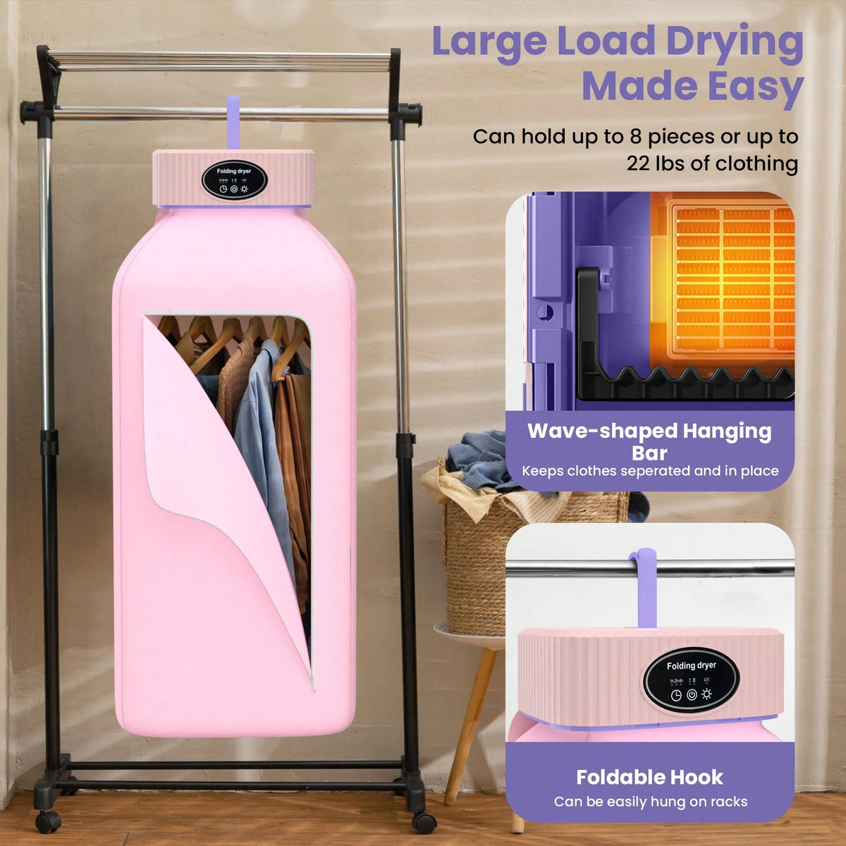 Portable Clothes Dryer, Mini Dryersfor Laundry, Small Foldable Electric Compact Drying Machine For Travel,RV, Home And Apartment, With Dry Bag-Pink
