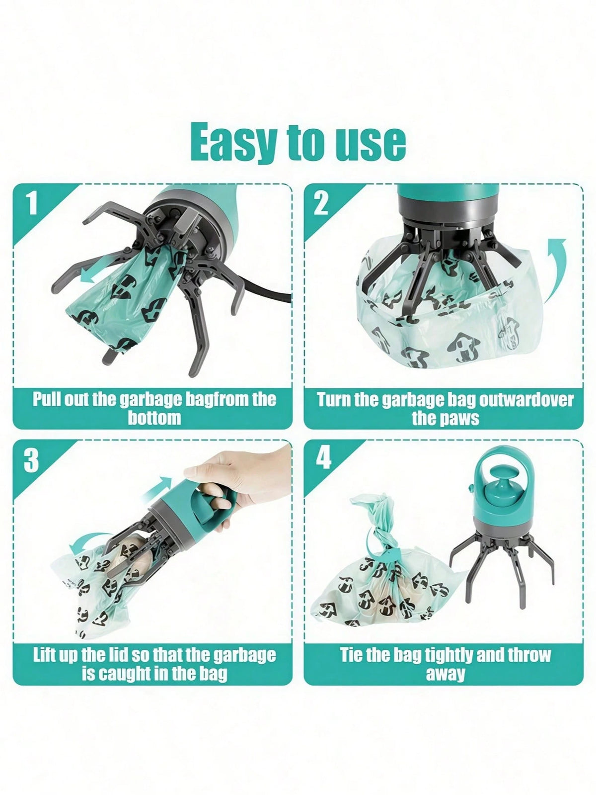 Portable Dog Pooper Scooper With Bag Dispenser, Durable Plastic Cyan Claw Design Waste Pickup Tool With Leak-Proof Bags, Ideal For Outdoor Use