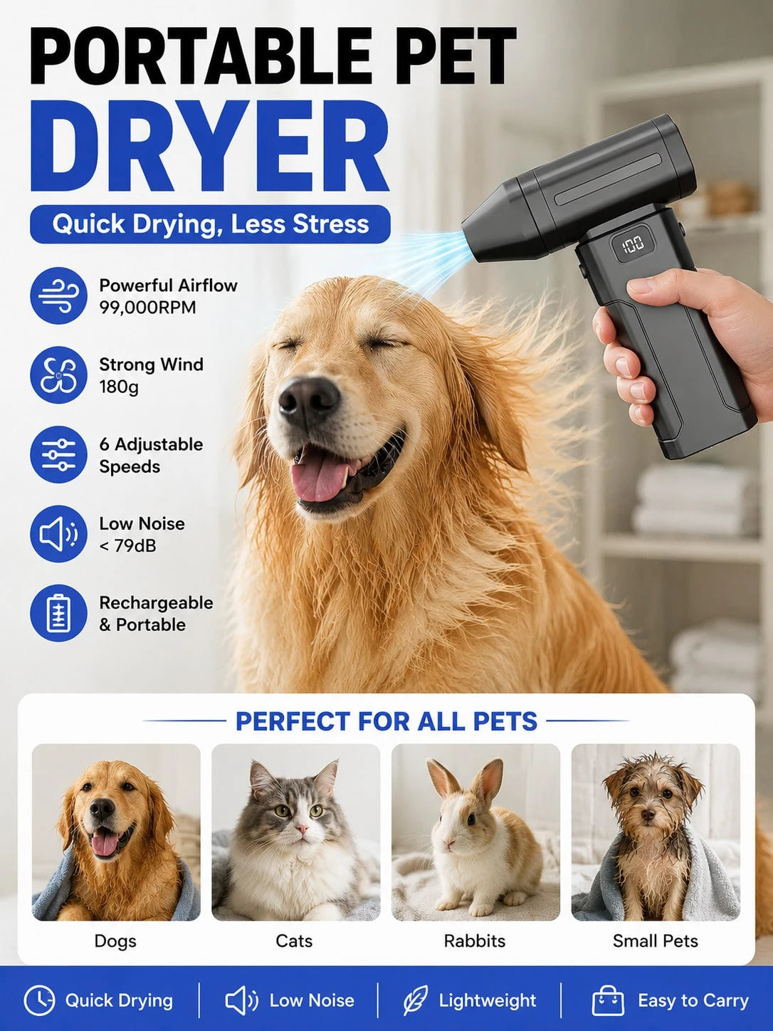 Portable Electric Pet Dust Blower, Powerful Compressed Air, Mini Vacuum Cleaner, Rechargeable Turbo Jet Fan Motor, High-Speed Powerful Fan, Equipped With 2,600 MAh Rechargeable Battery, Suitable For P