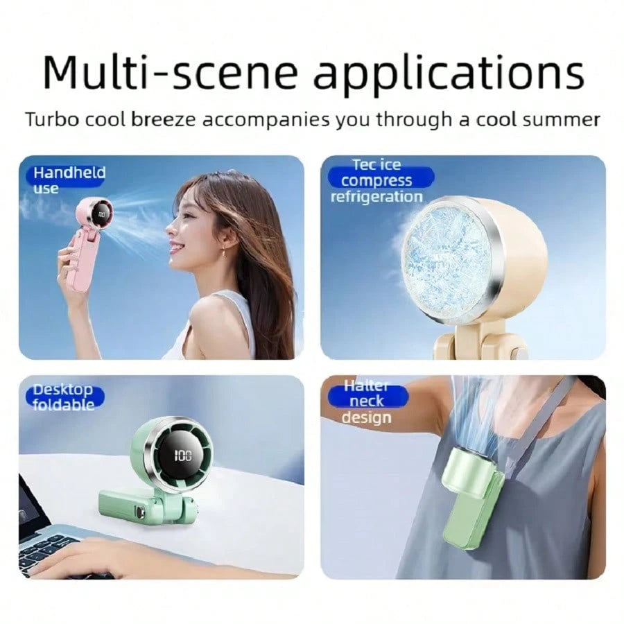 Portable Handheld Fan With A Powerful Turbine Motor, 5000mAh Rechargeable Battery, And 5 Strong Wind Speeds. A Perfect Cooling Device For Travel, Camping, Beach, And Outdoor Activities. A Suitable Gif