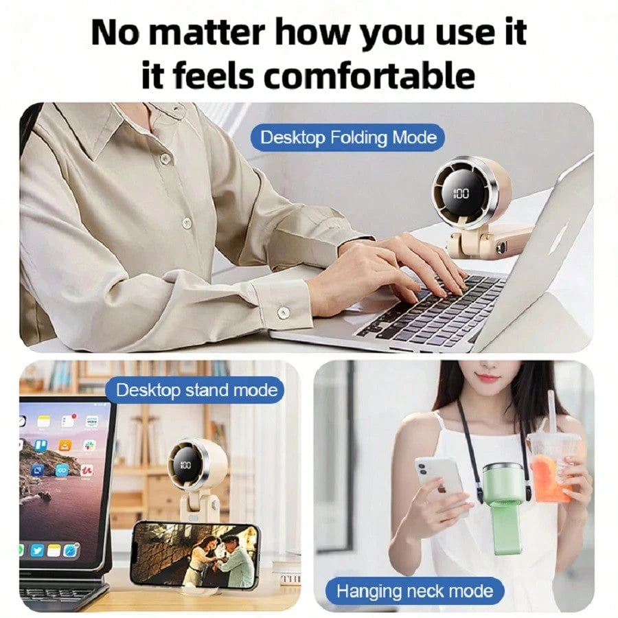Portable Handheld Fan With A Powerful Turbine Motor, 5000mAh Rechargeable Battery, And 5 Strong Wind Speeds. A Perfect Cooling Device For Travel, Camping, Beach, And Outdoor Activities. A Suitable Gif