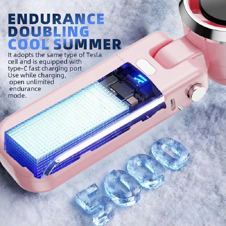 Portable Handheld Fan With A Powerful Turbine Motor, 5000mAh Rechargeable Battery, And 5 Strong Wind Speeds. A Perfect Cooling Device For Travel, Camping, Beach, And Outdoor Activities. A Suitable Gif