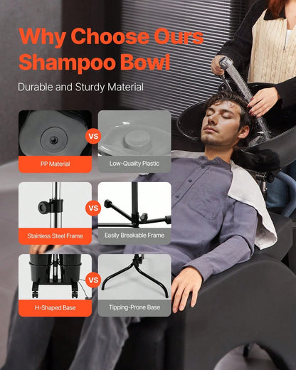 Portable Shampoo Bowl, Shampoo Sink For Washing Hair With Electric Pump, Includes 2 Buckets 2 Showerheads, Drain Hose, Height And Angle Adjustable Portable Wash Bowl For Home Salon Use, Black