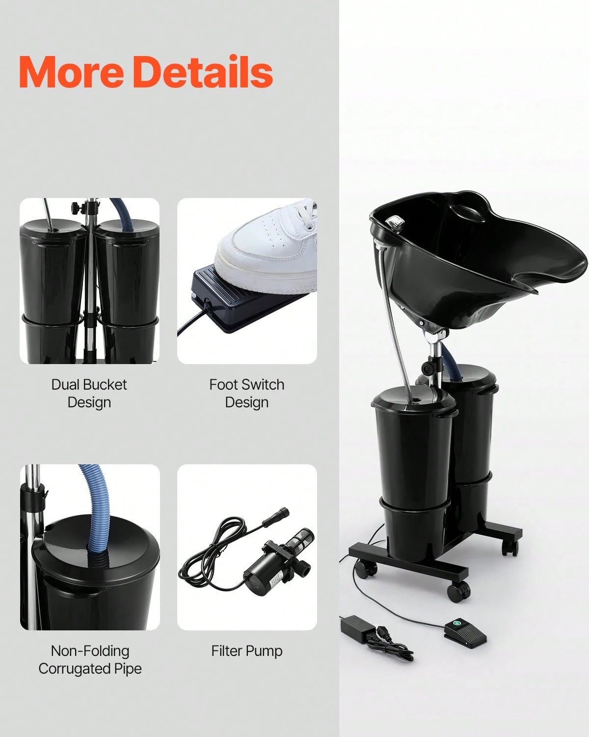 Portable Shampoo Bowl, Shampoo Sink For Washing Hair With Electric Pump, Includes 2 Buckets 2 Showerheads, Drain Hose, Height And Angle Adjustable Portable Wash Bowl For Home Salon Use, Black