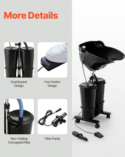 Portable Shampoo Bowl, Shampoo Sink For Washing Hair With Electric Pump, Includes 2 Buckets 2 Showerheads, Drain Hose, Height And Angle Adjustable Portable Wash Bowl For Home Salon Use, Black