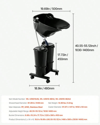 Portable Shampoo Bowl, Shampoo Sink For Washing Hair With Electric Pump, Includes 2 Buckets 2 Showerheads, Drain Hose, Height And Angle Adjustable Portable Wash Bowl For Home Salon Use, Black