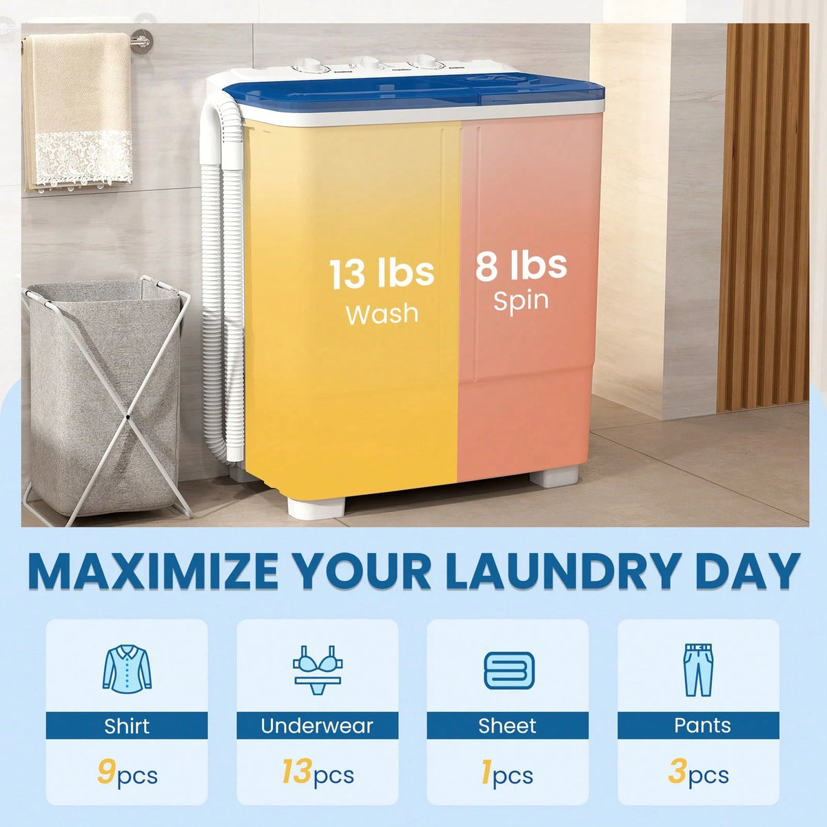 Portable Washing Machine, Twin Tub Washing Machine Laundry Compact Washer Spinner Combo With 21 Lbs Capacity, 13 Lbs Washer And 8 Lbs Spinner Dryer For Apartments RVs And Dorms