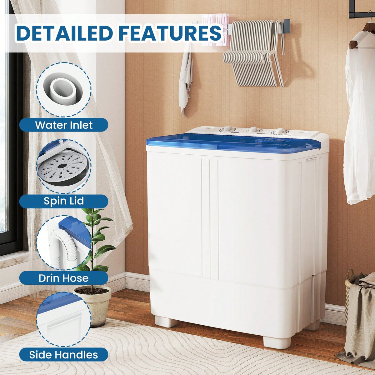 Portable Washing Machine, Twin Tub Washing Machine Laundry Compact Washer Spinner Combo With 21 Lbs Capacity, 13 Lbs Washer And 8 Lbs Spinner Dryer For Apartments RVs And Dorms