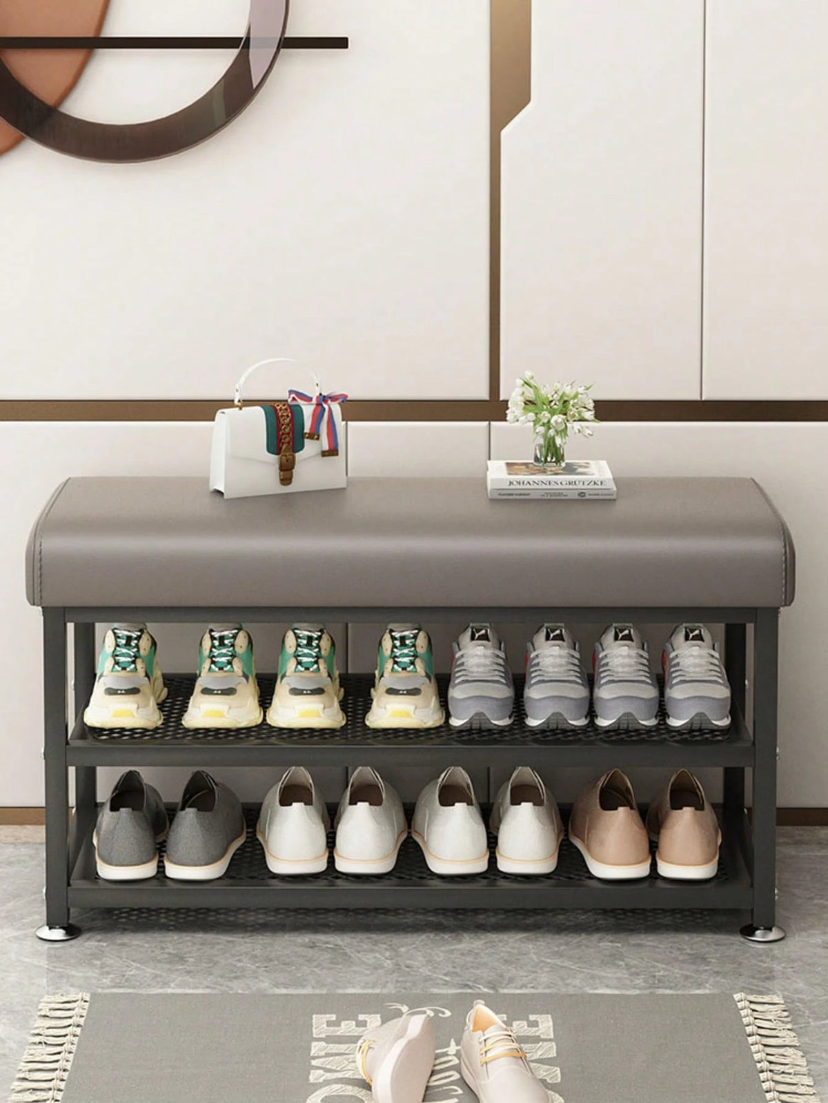 PQSQRJU Storage Bench, Shoe Changing Stool With Metal Frame, Cushioned Seat Shoe Bench‌, Multi-Compartment Organizer Rack For Bedroom, Hallway Entrance