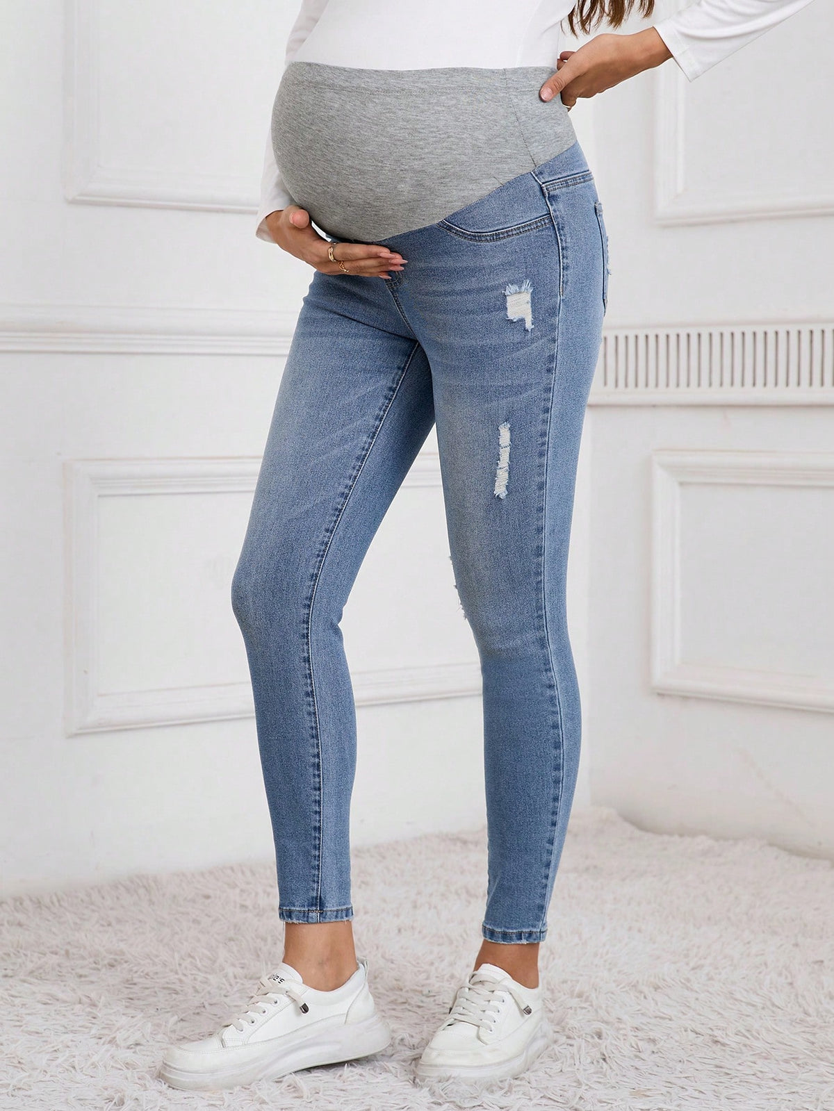 Pregnant Women Solid Patchwork Multi-Pocket Distressed Denim Jeans, Casual Everyday, For Maternity