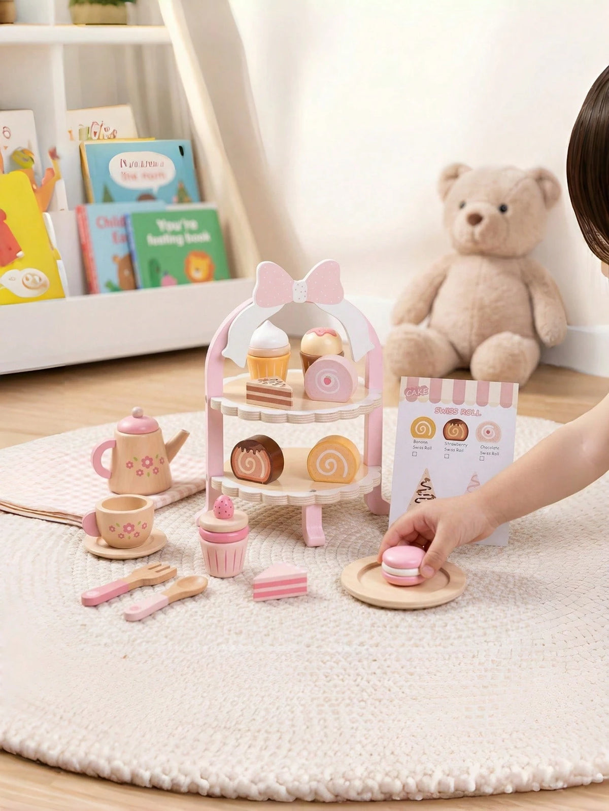 Princess Wooden Tea Party Set- Cute Cake & Sweets Pretend Play Toy For Kids- Educational Kitchen Roleplay Game For Girls Ages 3 4 5- Ideal Birthday Gift For Toddlers