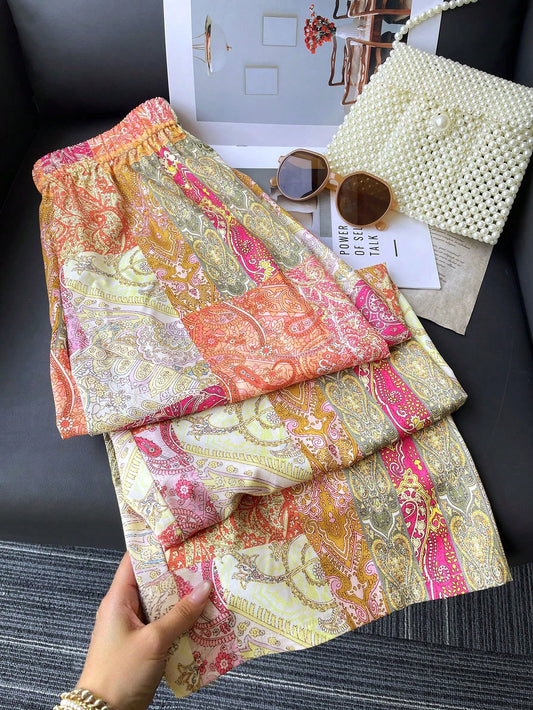 Print Casual Relaxed Elastic Waist Women's Wide Leg Pants, Suitable For Spring/Summer, Outdoor, Vacation Fall Cloth For Women