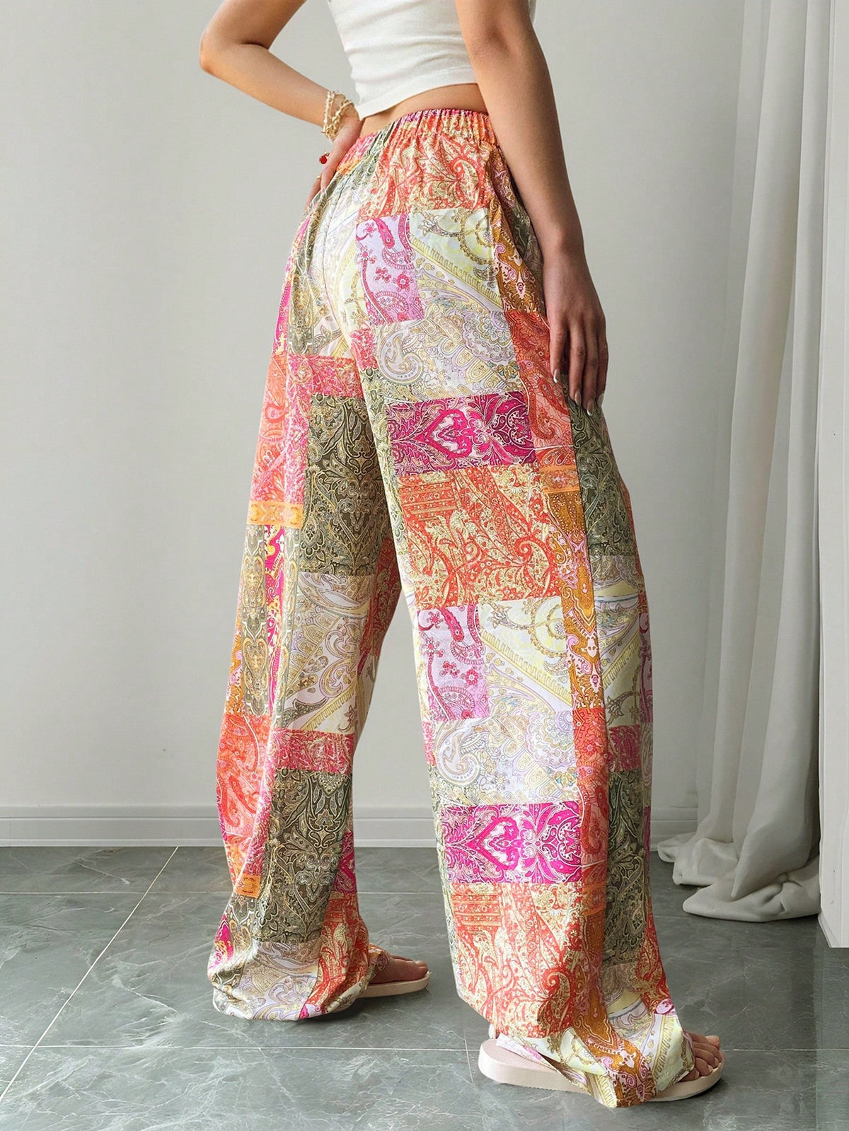 Print Casual Relaxed Elastic Waist Women's Wide Leg Pants, Suitable For Spring/Summer, Outdoor, Vacation Fall Cloth For Women