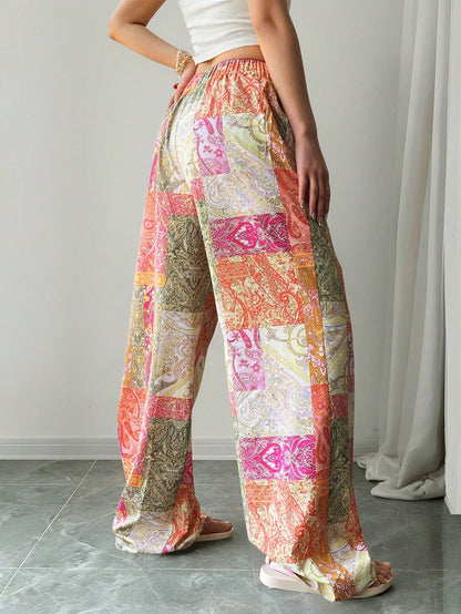 Print Casual Relaxed Elastic Waist Women's Wide Leg Pants, Suitable For Spring/Summer, Outdoor, Vacation Fall Cloth For Women