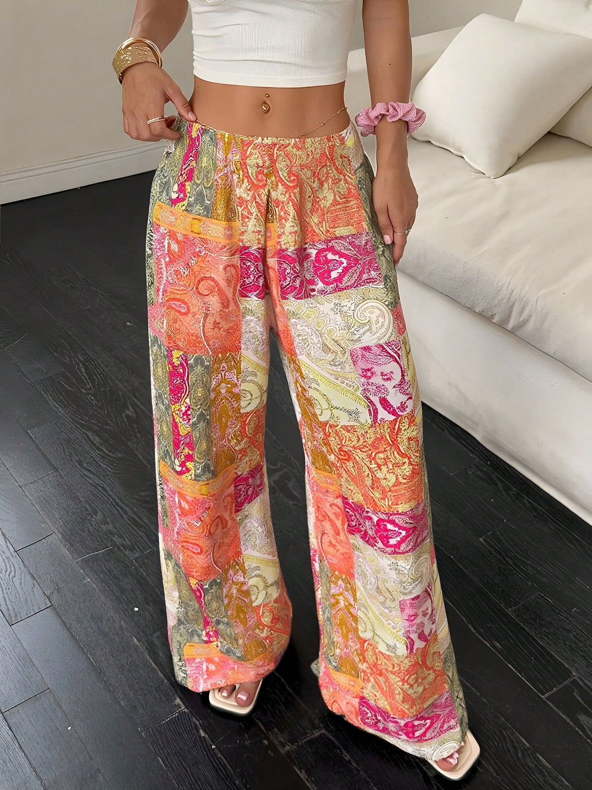 Print Casual Relaxed Elastic Waist Women's Wide Leg Pants, Suitable For Spring/Summer, Outdoor, Vacation Fall Cloth For Women