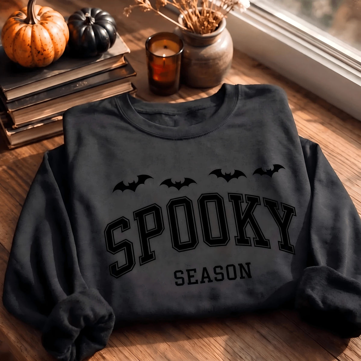 Printed Spooky Season Sweatshirt, Halloween Bat Crewneck